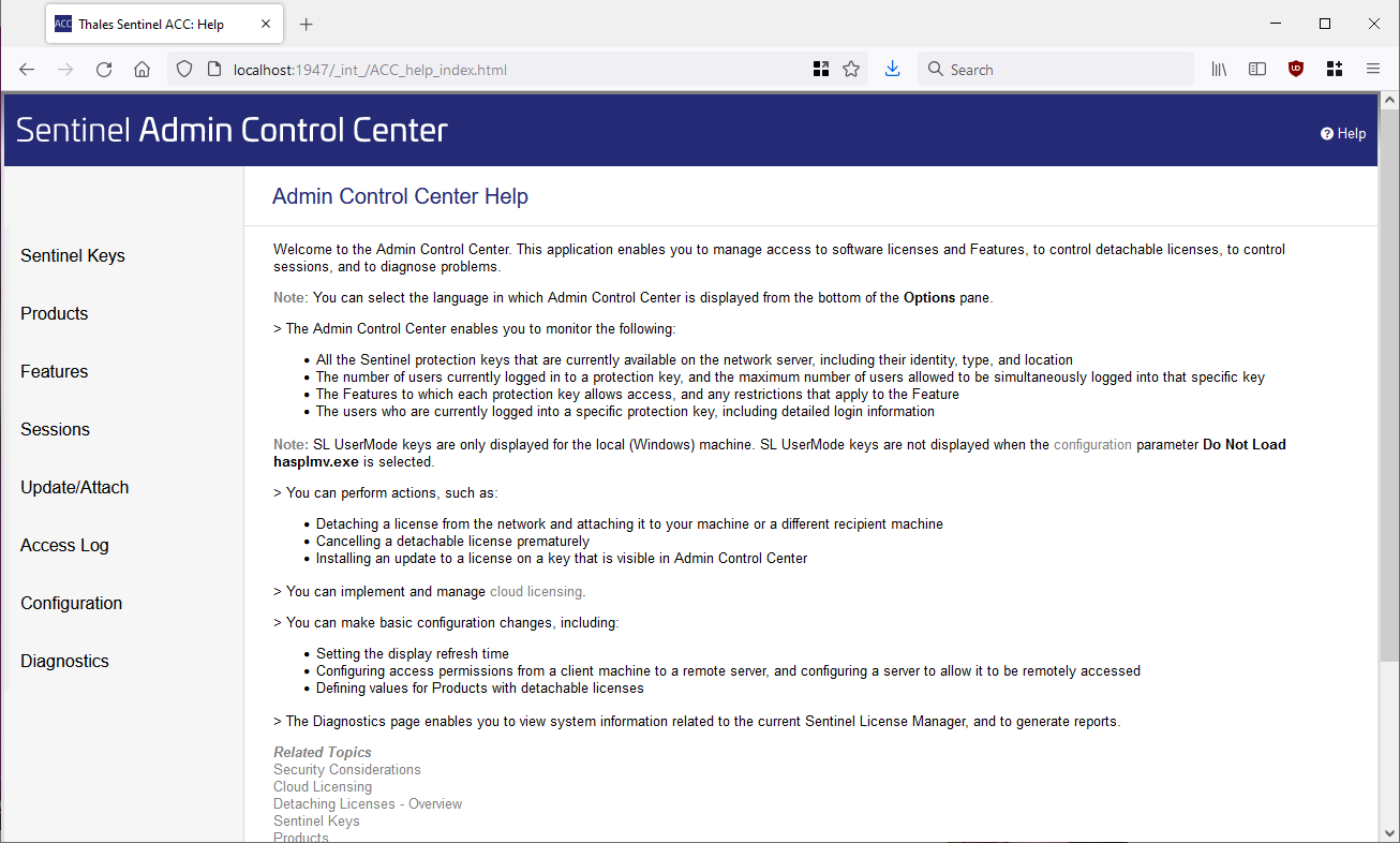 Screenshot of the Sentinel Admin Control Center